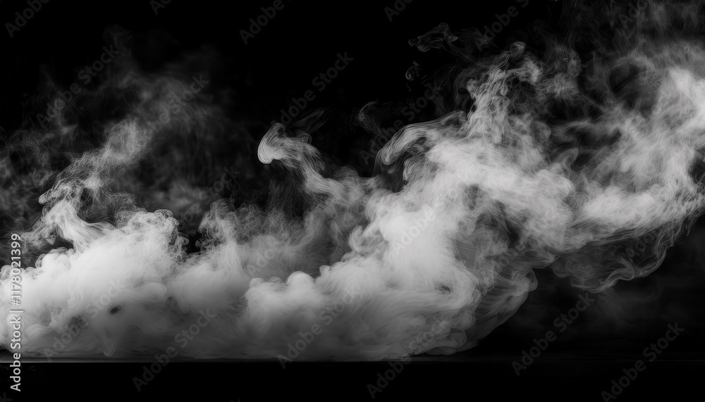 Realistic dense white smoke clouds in motion on a dark black background, abstract vapor swirl texture for cinematic effects and design Realistic dense white smoke clouds in motion on a dark black background, abstract vapor swirl texture for cinematic effects and design