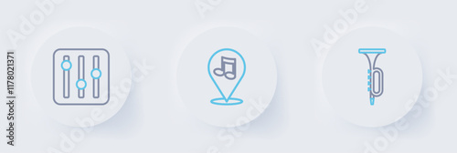 Set line Trumpet, Location musical note and Sound mixer controller icon. Vector