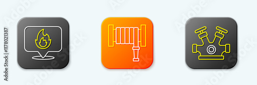 Set line Location with fire flame, Fire hose reel and hydrant icon. Vector
