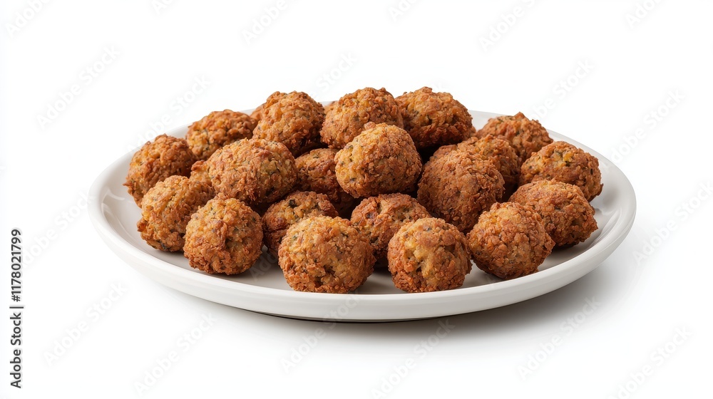 A plate of crispy falafel balls with tahini sauce on a white isolated background A plate of crispy falafel balls with tahini sauce on a white isolated background