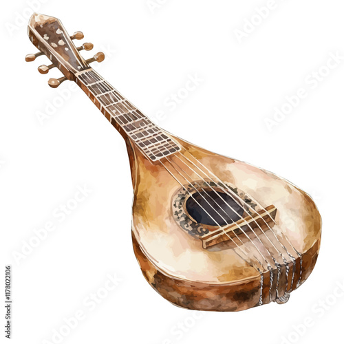 A watercolor vector of a sitar, isolated on a white background. Indian musical instrument vector.
