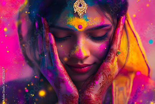 A vibrant postcard for the Indian festival of Holi, featuring colorful splashes, festive patterns, and joyful celebration, generative AI