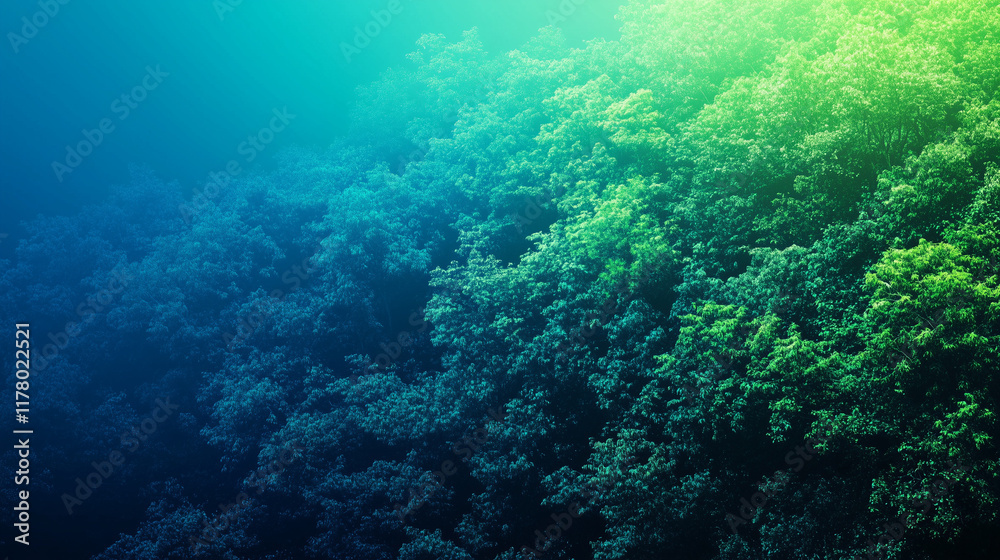 Lush forest canopy in vibrant green and blue gradient lighting Lush forest canopy in vibrant green and blue gradient lighting