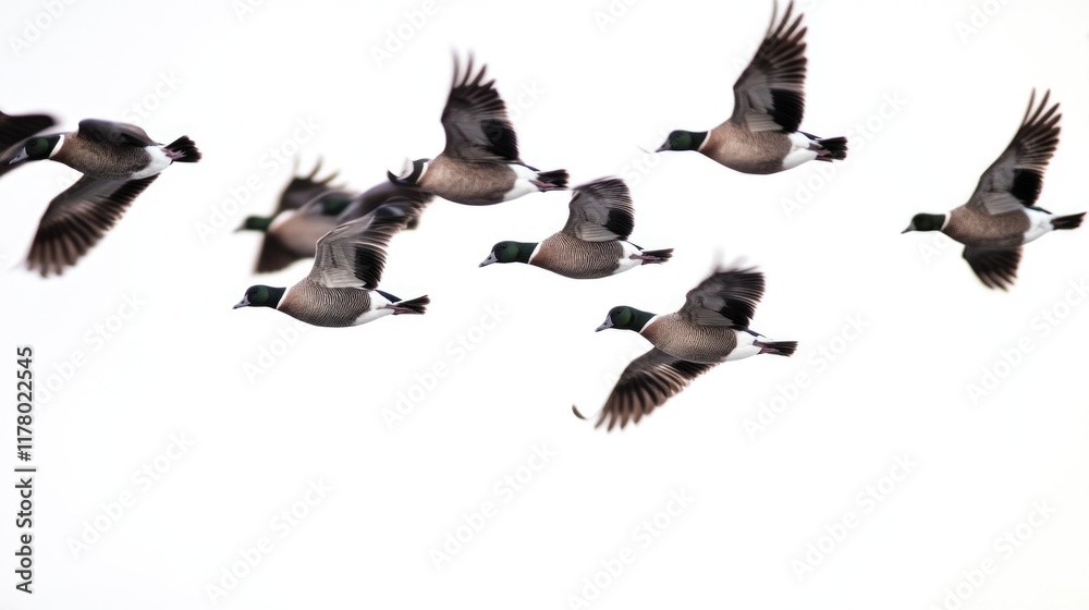 Fototapeta premium A group of ducks soaring through the sky