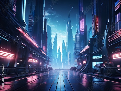 Futuristic cityscape with towering skyscrapers and neon lights at dusk