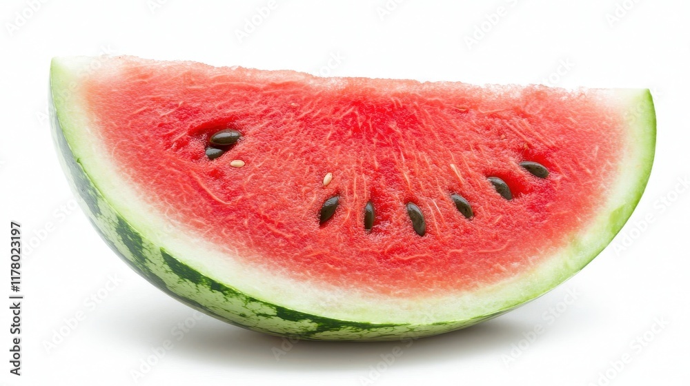 A juicy watermelon slice with seeds and bright red flesh on a white isolated background A juicy watermelon slice with seeds and bright red flesh on a white isolated background