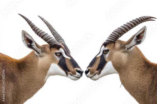 Two antelopes stand together in the grass, likely mates or siblings