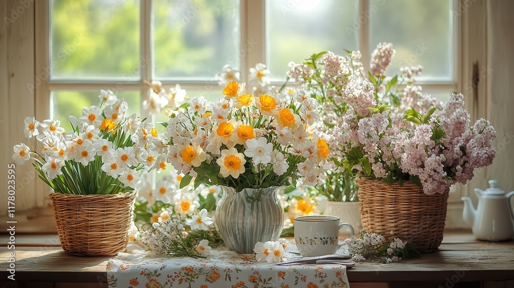 Fototapeta premium Fresh daffodils and lilacs arranged in rustic baskets and ceramic vase near a sunlit window, creating vibrant springtime ambiance with cozy, natural indoor charm.