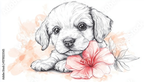 Hand-Drawn Cute Puppy With Flower Design Perfect For T-Shirt Prints, Children'S Fashion, And Baby Shower Invitations. Versatile And Adorable Artwork. photo