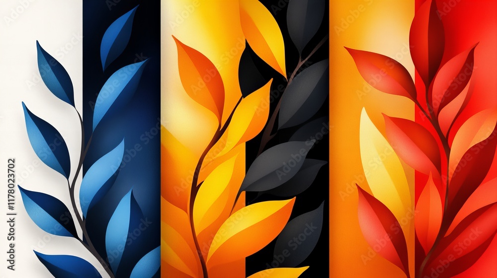 Fototapeta premium Vibrant stylized leaf artwork in bold colors. A modern graphic design featuring four distinct color palettes.