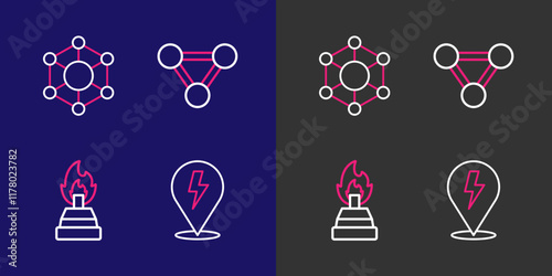 Set line Lightning bolt, Alcohol or spirit burner, Molecule and icon. Vector