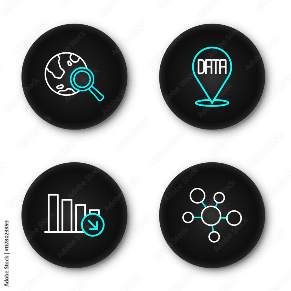 Fototapeta premium Set line Mind map infographic, Financial growth decrease, Data analysis and Search globe icon. Vector