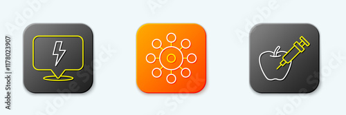 Set line Lightning bolt, Virus and Genetically modified apple icon. Vector
