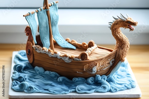 A Viking adventure birthday cake with a wooden ship and dragon figurehead in fondant, on a stormy sea base.