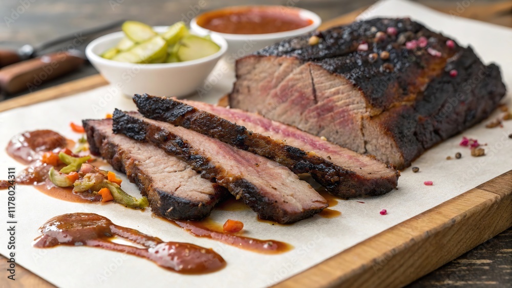 Smoky perfection of tender brisket with charred edges served alongside pickles and tangy sauce Smoky perfection of tender brisket with charred edges served alongside pickles and tangy sauce