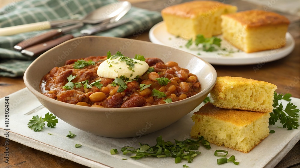 Savory bowl of baked beans topped with cream and garnished with fresh herbs alongside cornbread Savory bowl of baked beans topped with cream and garnished with fresh herbs alongside cornbread