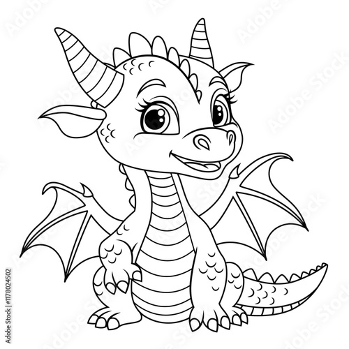 Cute little dragon. Black and white vector illustration for coloring book