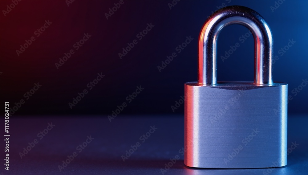 Metallic padlock on a red and blue gradient backdrop - representing safety and defense Metallic padlock on a red and blue gradient backdrop - representing safety and defense