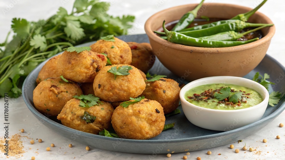 Delightful batata vada served with crispy green chilies and tangy chutney in a cozy cafe setting Delightful batata vada served with crispy green chilies and tangy chutney in a cozy cafe setting