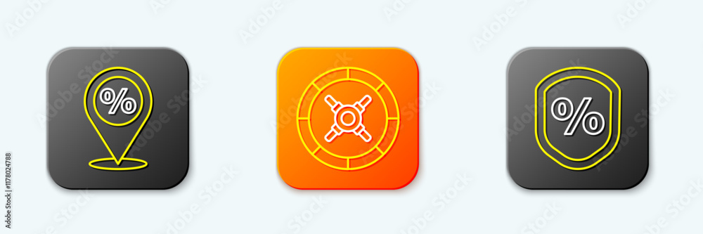 Set line Location with percent discount, Safe and Loan icon. Vector Set line Location with percent discount, Safe and Loan icon. Vector