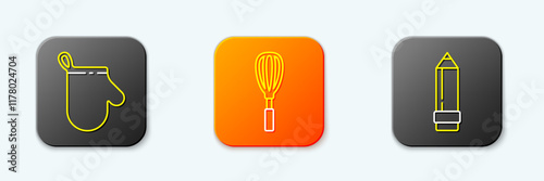 Set line Oven glove, Kitchen whisk and Pencil with eraser icon. Vector