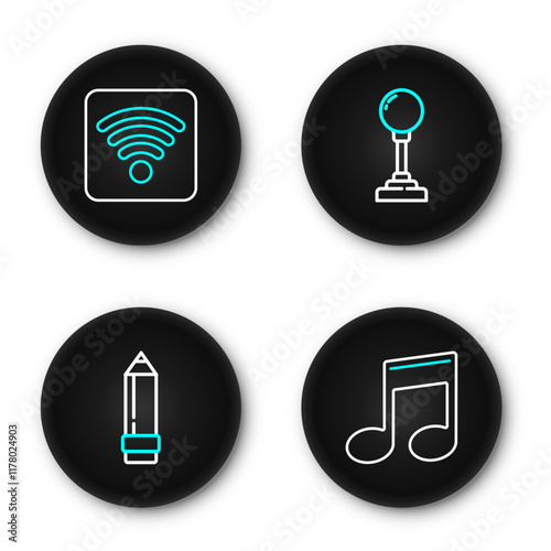 Set line Music note, tone, Pencil with eraser, Joystick for arcade machine and Wi-Fi wireless internet network icon. Vector