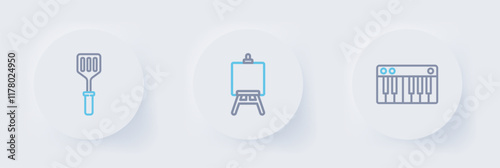 Set line Music synthesizer, Easel or painting art boards and Spatula icon. Vector