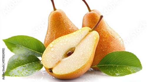 A juicy ripe pear with water droplets on a white isolated background