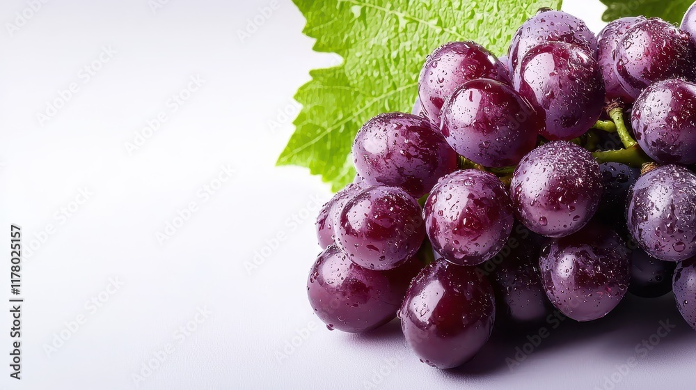 Fototapeta premium A fresh bunch of red grapes with dew drops on a white isolated background