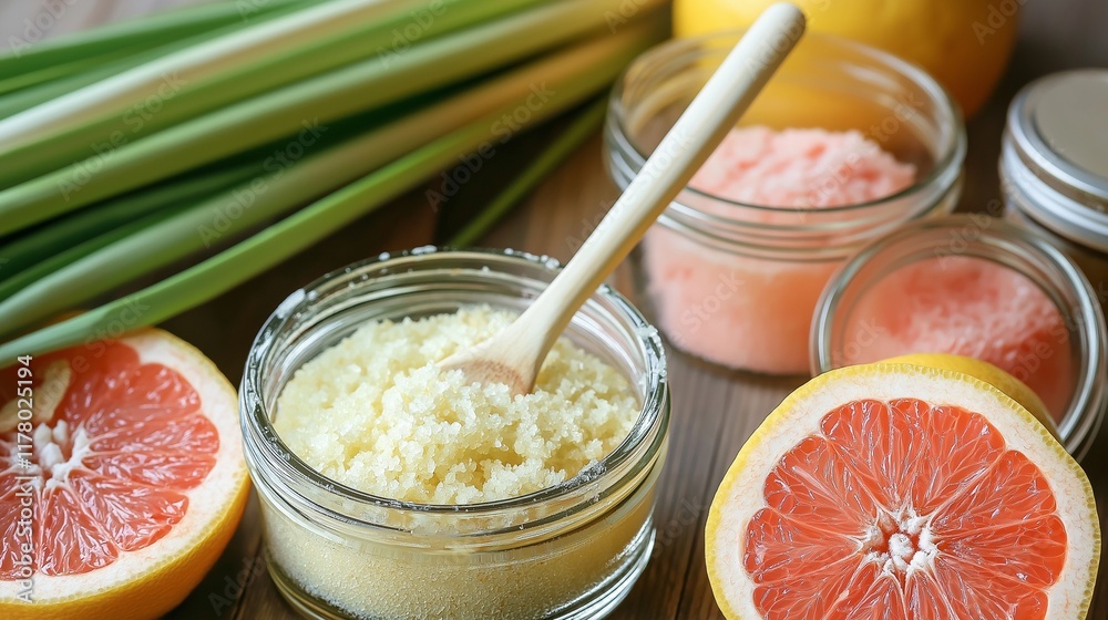 lemongrass, grapefruit slices, and jars of body scrub lemongrass, grapefruit slices, and jars of body scrub