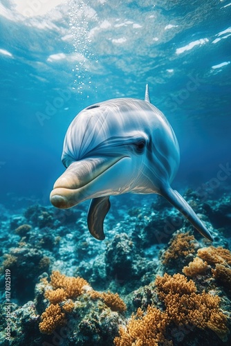 Dolphin swimming in ocean surrounded by coral, perfect for aquatic or marine life themed designs photo