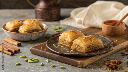 Delightful moments at a rustic table adorned with baklava and warm spices inviting sweet indulgence