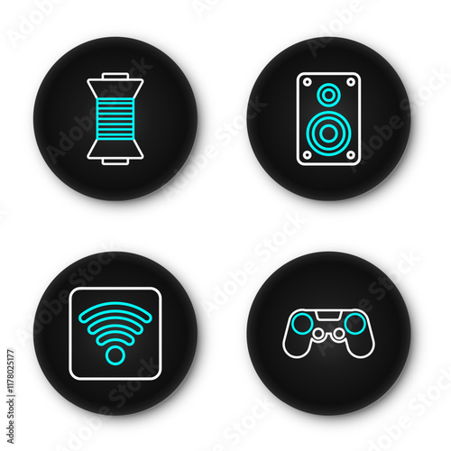 Set line Gamepad, Wi-Fi wireless internet network, Stereo speaker and Sewing thread on spool icon. Vector