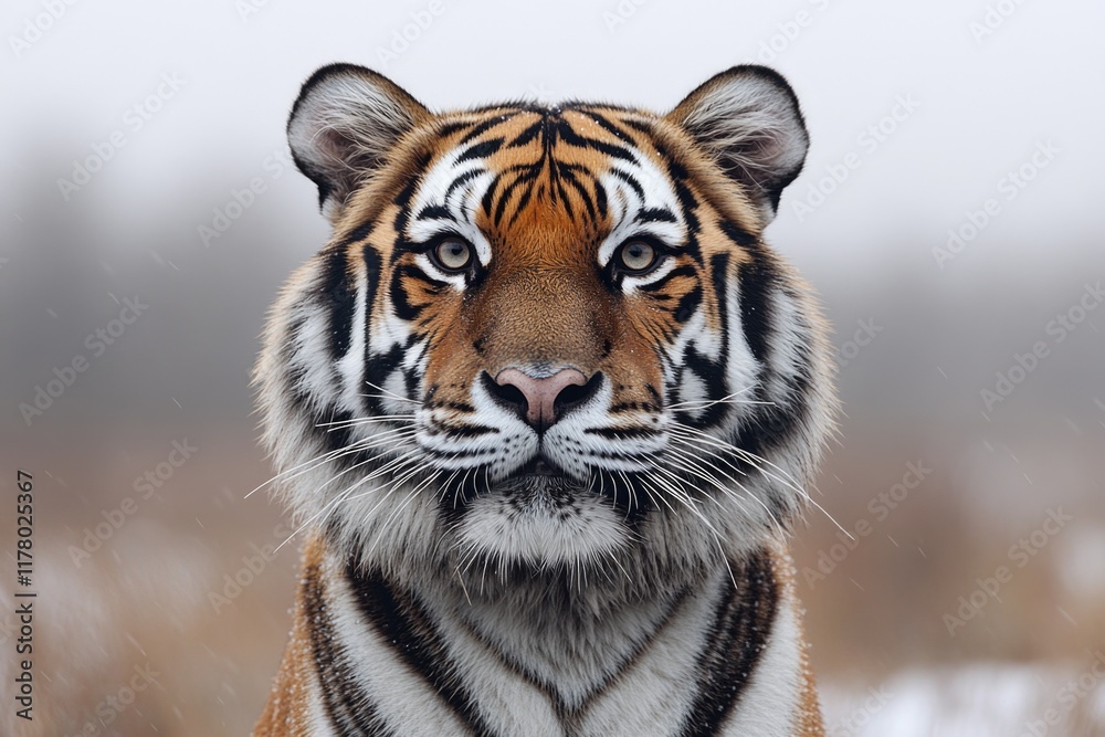 Obraz premium A close-up of a tiger's face in a snowy setting