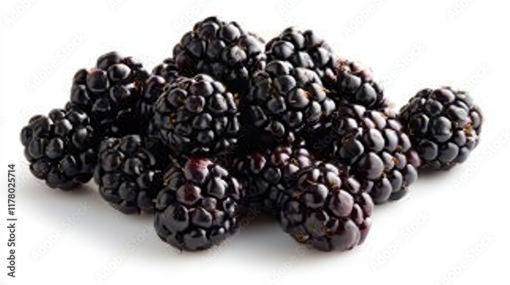 A bunch of ripe blackberries with a deep purple color on a white isolated background A bunch of ripe blackberries with a deep purple color on a white isolated background