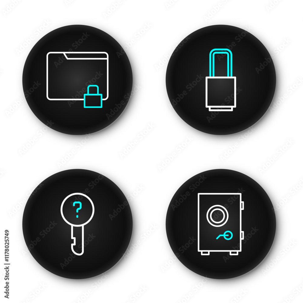 Set line Safe, Undefined key, Lock and Folder and lock icon. Vector Set line Safe, Undefined key, Lock and Folder and lock icon. Vector
