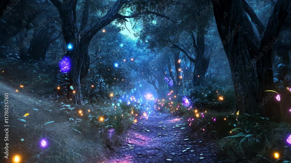 Mystical forest illuminated by glowing fairies on a magical night, An amazing magical night fairy forest full of mystical lights, fireflies and fairies
