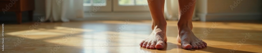 Female legs on toes on wooden floor with blurred background, pose, depth, gesture Female legs on toes on wooden floor with blurred background, pose, depth, gesture