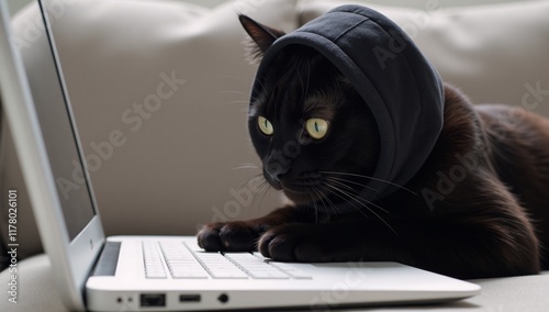 Black cat with hood is typing on a keyboard