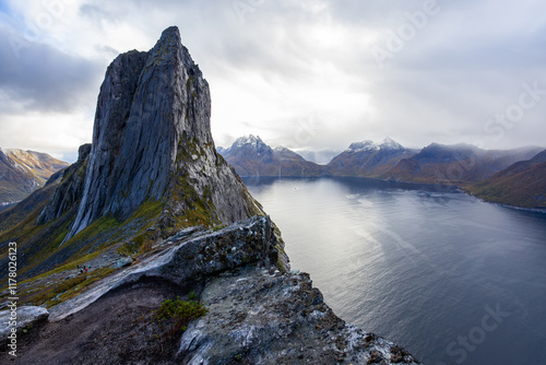 Stunning autumn landscape of Segla Mountain in Senja Island, Northern Norway, with dramatic cliffs and fjords. photo