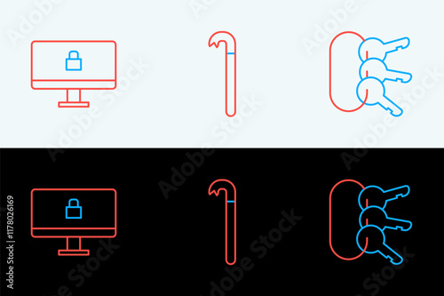 Set line Bunch of keys, Lock on computer monitor and Crowbar icon. Vector