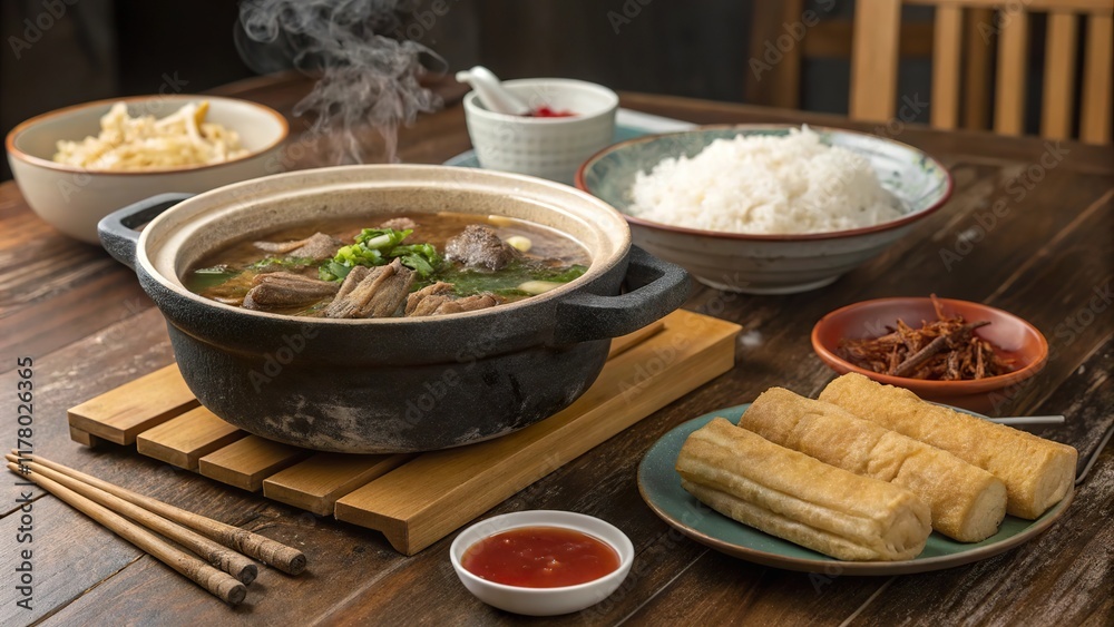 Savoring a traditional Malaysian Singaporean dining experience with delicious dishes on a rustic wooden table Savoring a traditional Malaysian Singaporean dining experience with delicious dishes on a rustic wooden table