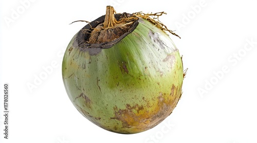 A fresh coconut with the outer shell intact on a white isolated background