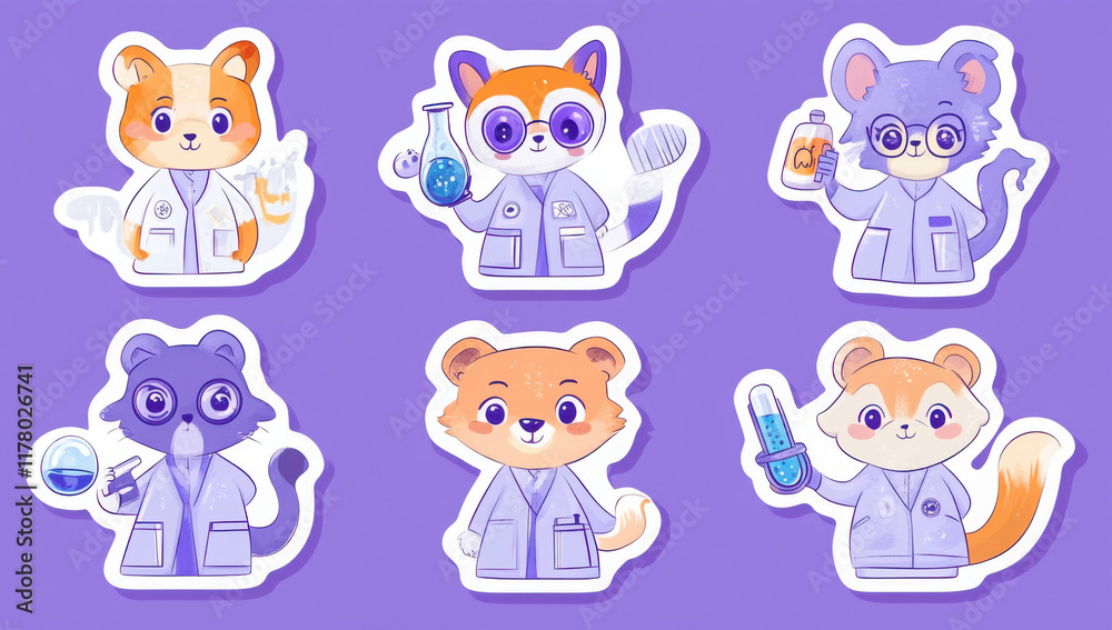 Cute animal scientist vector stickers set, cartoon hare, cat, elephant and koala holds laboratory tubes of chemicals Cute animal scientist vector stickers set, cartoon hare, cat, elephant and koala holds laboratory tubes of chemicals
