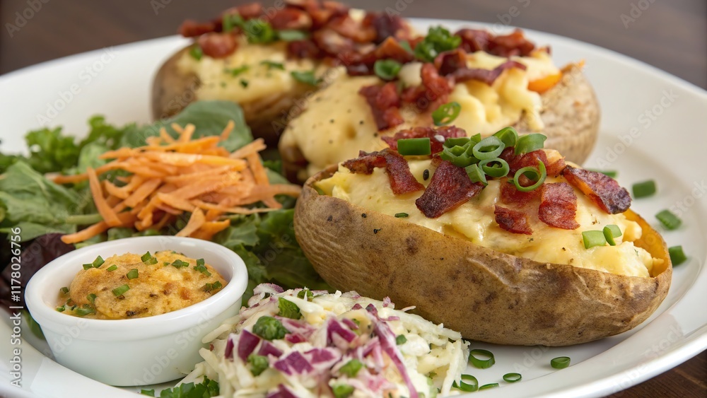 Enjoying baked potatoes topped with savory ingredients in a cozy dining setting Enjoying baked potatoes topped with savory ingredients in a cozy dining setting