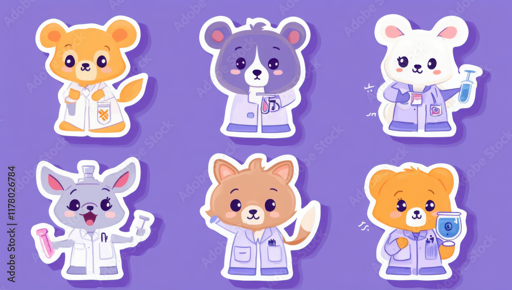 Cute animal scientist vector stickers set, cartoon hare, cat, elephant and koala holds laboratory tubes of chemicals Cute animal scientist vector stickers set, cartoon hare, cat, elephant and koala holds laboratory tubes of chemicals