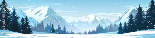 Idyllic snow-covered mountain summit with a clear blue sky framed by evergreen tree silhouettes
