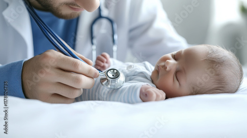 Healthcare professional conducting a gentle examination of a newborn baby in a studio setting photo