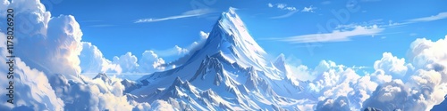 Majestic snow-covered mountain peak under a vibrant blue sky with fluffy clouds accentuating the serene winter landscape