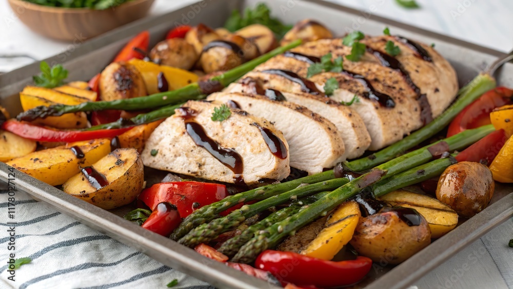 Juicy balsamic chicken served with colorful roasted vegetables on a rustic serving platter Juicy balsamic chicken served with colorful roasted vegetables on a rustic serving platter